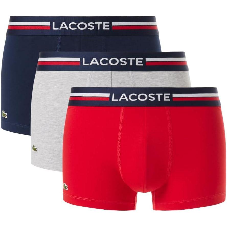 imageLacoste mens Cotton Stretch Tricolor Waistband Trunks 3packNavy BlueGreyRed