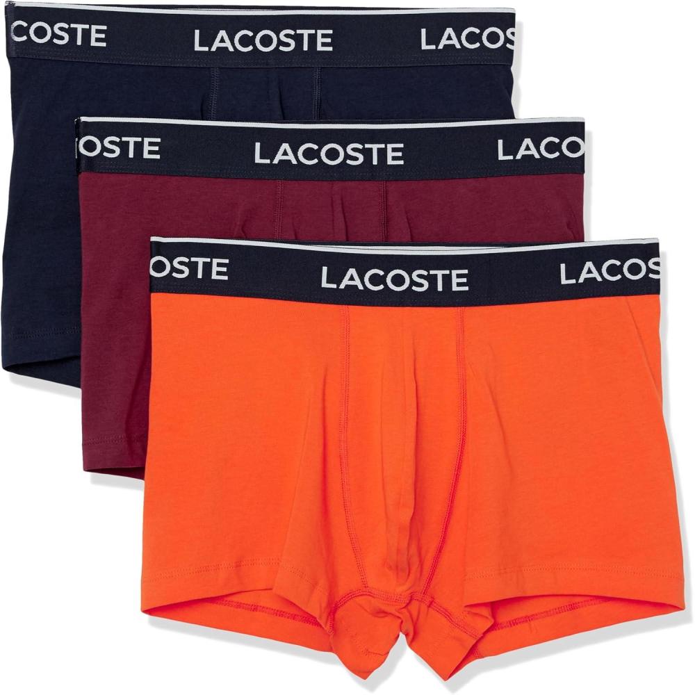 imageLacoste mens Cotton Stretch Tricolor Waistband Trunks 3packNavy BlueOrangeMaroon