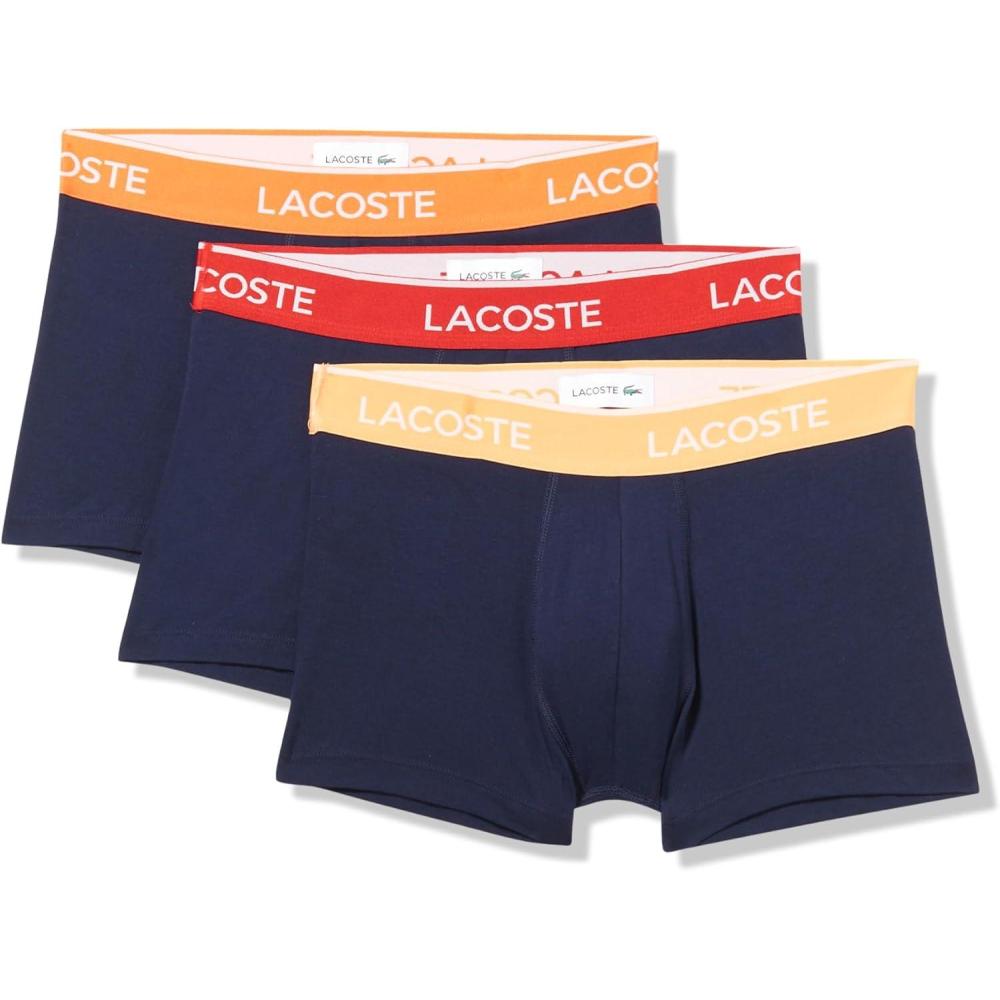 imageLacoste mens Cotton Stretch Tricolor Waistband Trunks 3packNavy BlueOrangeRed New