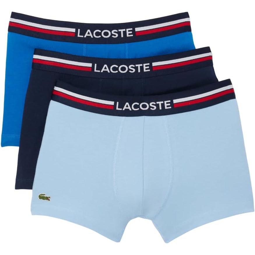 imageLacoste mens Cotton Stretch Tricolor Waistband Trunks 3packNavy BlueRoyal BlueLight Blue