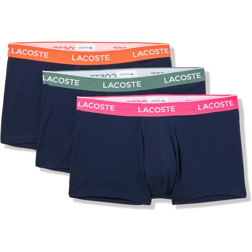 imageLacoste mens Cotton Stretch Tricolor Waistband Trunks 3packNavy BlueSequoiaOrange