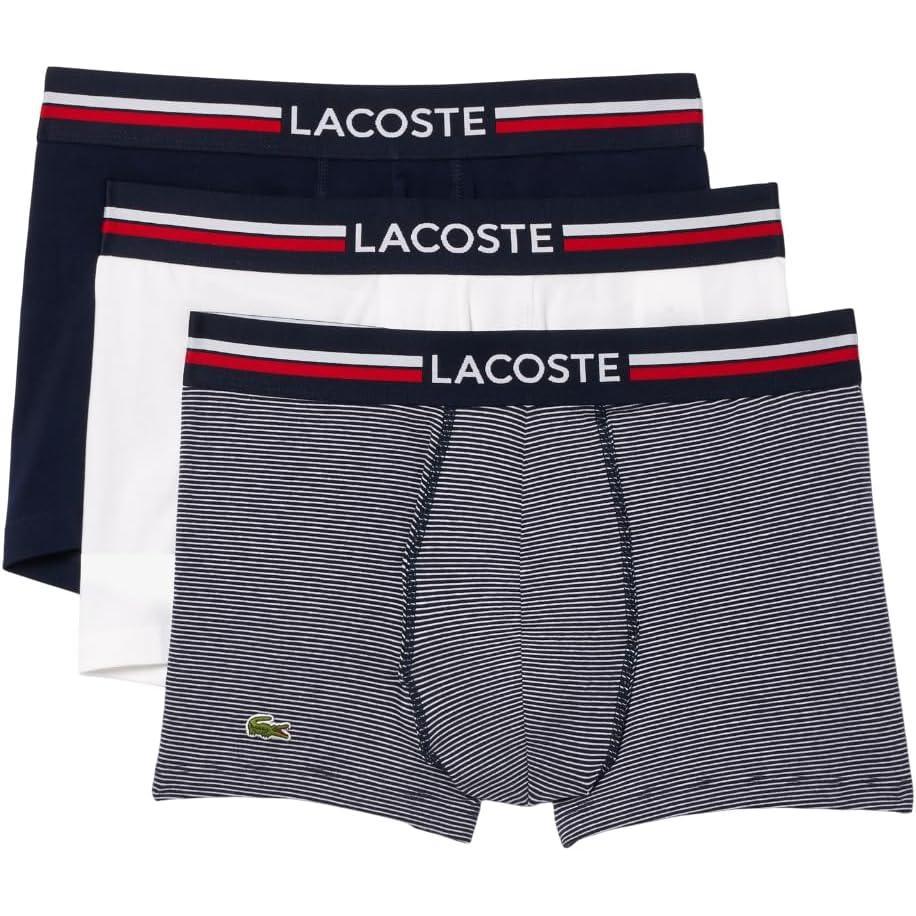imageLacoste mens Cotton Stretch Tricolor Waistband Trunks 3packNavy BlueWhiteNavy Striped