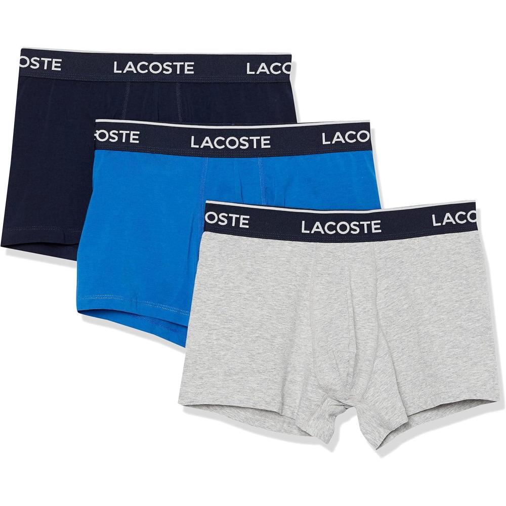 imageLacoste mens Cotton Stretch Tricolor Waistband Trunks 3packNavyGreyRoyal Blue