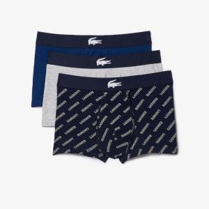 imageLacoste mens Cotton Stretch Lacoste Diagonal Print Trunks 3packNavy BlueSilverCharcoal