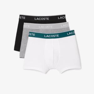 imageLacoste mens Cotton Stretch Tricolor Waistband Trunks 3packBlackWhiteGrey With Multicolor Waistband