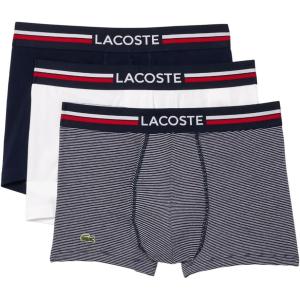 imageLacoste mens Cotton Stretch Tricolor Waistband Trunks 3packNavy BlueWhiteNavy Striped