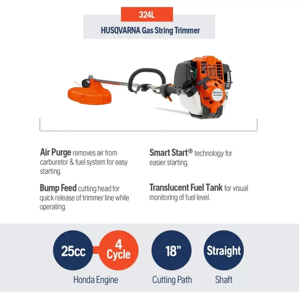 Husqvarna 324L 4-Cycle 18" Cutting Path Gas String Trimmer,Orange