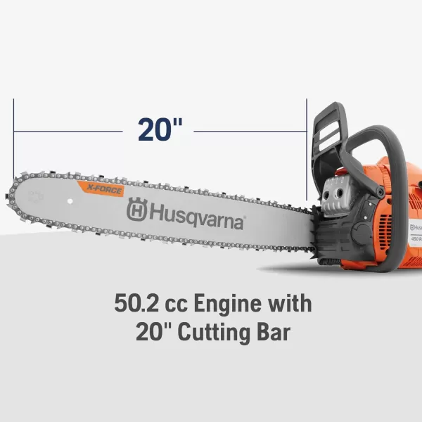 Husqvarna 450 Rancher Gas Powered Chainsaw, 50.2-cc 3.2-HP, 2-Cycle X-Torq Engine, 20 Inch Chainsaw with Automatic Oiler, For Tree Pruning, Yard Cleanups and Firewood Cutting
