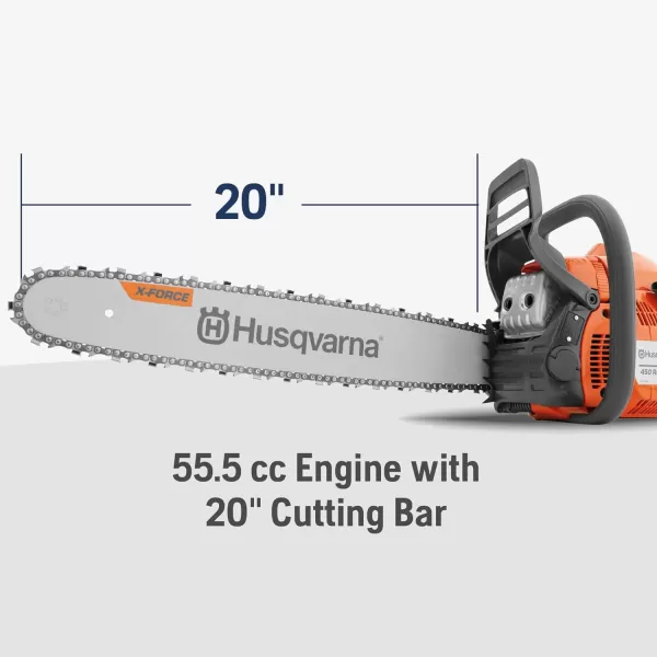 Husqvarna 455 Rancher Gas Powered Chainsaw, 55.5-cc 3.5-HP, 2-Cycle X-Torq Engine, 20 Inch Chainsaw with Automatic Oiler, For Tree Pruning, Yard Cleanups and Firewood Cutting
