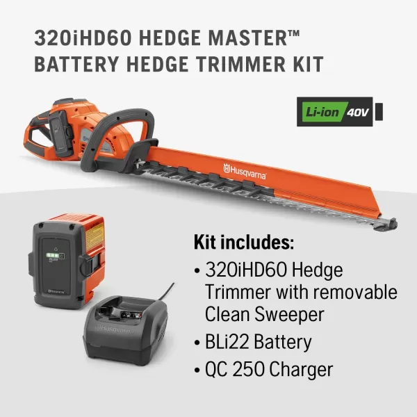 Husqvarna Hedge Master 320iHD60 Battery Hedge Trimmer, 24-Inch Electric Hedge Trimmer with Brushless Motor for Efficiency and Durability, 40V Lithium-Ion Battery and Charger Included