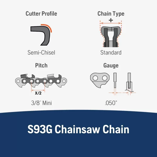 Husqvarna X-Cut S93G 14 Inch Chainsaw Chain, 3/8" Pitch, 050" Gauge, 52 Drive Link Chainsaw Blade Replacement, Pre-Stretched and Low Kickback, Gray