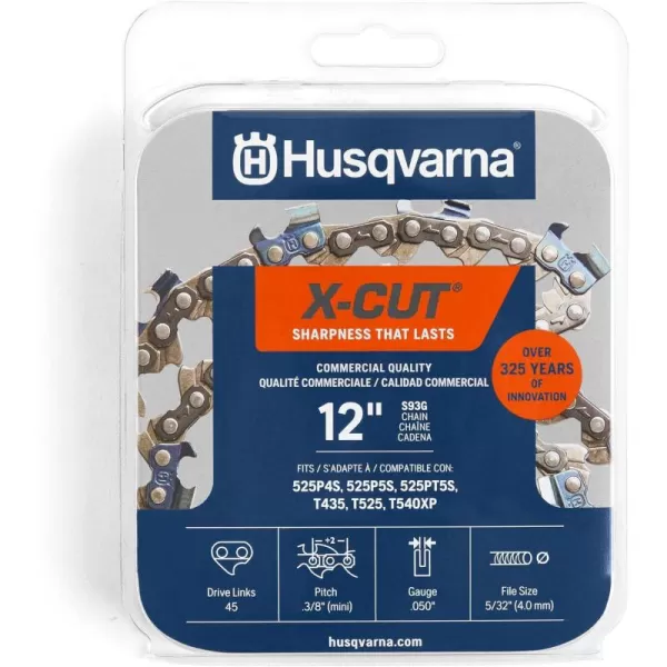 Husqvarna X-Cut S93G 14 Inch Chainsaw Chain, 3/8" Pitch, 050" Gauge, 52 Drive Link Chainsaw Blade Replacement, Pre-Stretched and Low Kickback, Gray