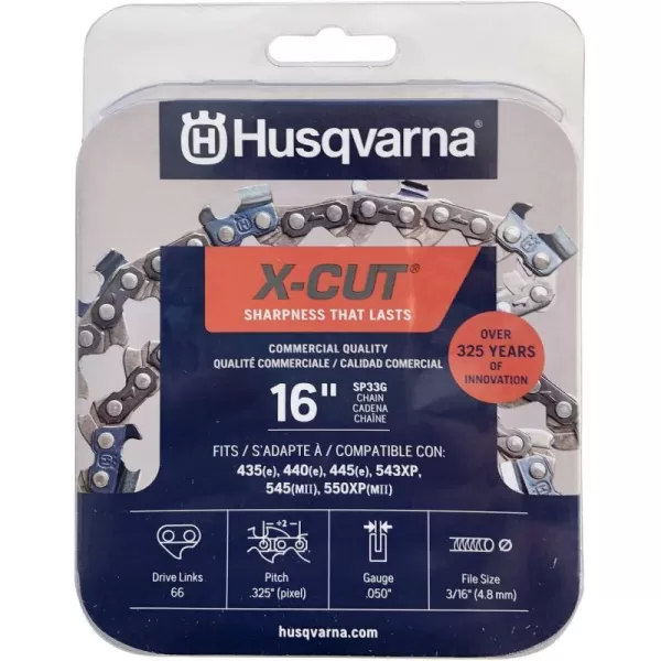 Husqvarna X-Cut SP33G 18 Inch Chainsaw Chain, 325" Pitch, 050" Gauge, 72 Drive Links, Pre-Stretched Chainsaw Blade Replacement with Superior Lubrication and Low Kickback, Gray
