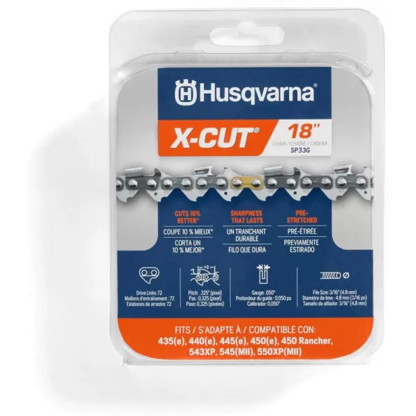 Husqvarna X-Cut SP33G 18 Inch Chainsaw Chain, 325" Pitch, 050" Gauge, 72 Drive Links, Pre-Stretched Chainsaw Blade Replacement with Superior Lubrication and Low Kickback, Gray