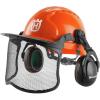 imageHusqvarna 592752601 Chainsaw Helmet with Metal Mesh Face Shield Adjustable Ear Muffs for Hearing Protection and Sun Peak HDPE Forestry Helmet Shell Orange