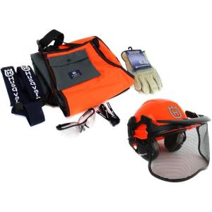 imageHusqvarna Functional Protective Power Kit with Chainsaw Chaps Suspenders Safety Gloves Protective Glasses with Lanyard and Forest Helmet Chainsaw Safety Equipment for Landowners