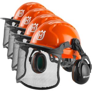 imageHusqvarna 592752602 Chainsaw Helmet with Metal Mesh Face Shield Adjustable Ear Muffs for Hearing Protection and Sun Peak HDPE Forestry Helmet Shell OrangeOne Size Pack of 4