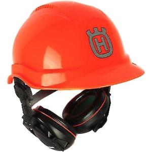 imageHusqvarna 592752701 Chainsaw Helmet with Metal Mesh Face Shield Adjustable Ear Muffs for Hearing Protection and Sun Peak HDPE Forestry Helmet Shell Orange