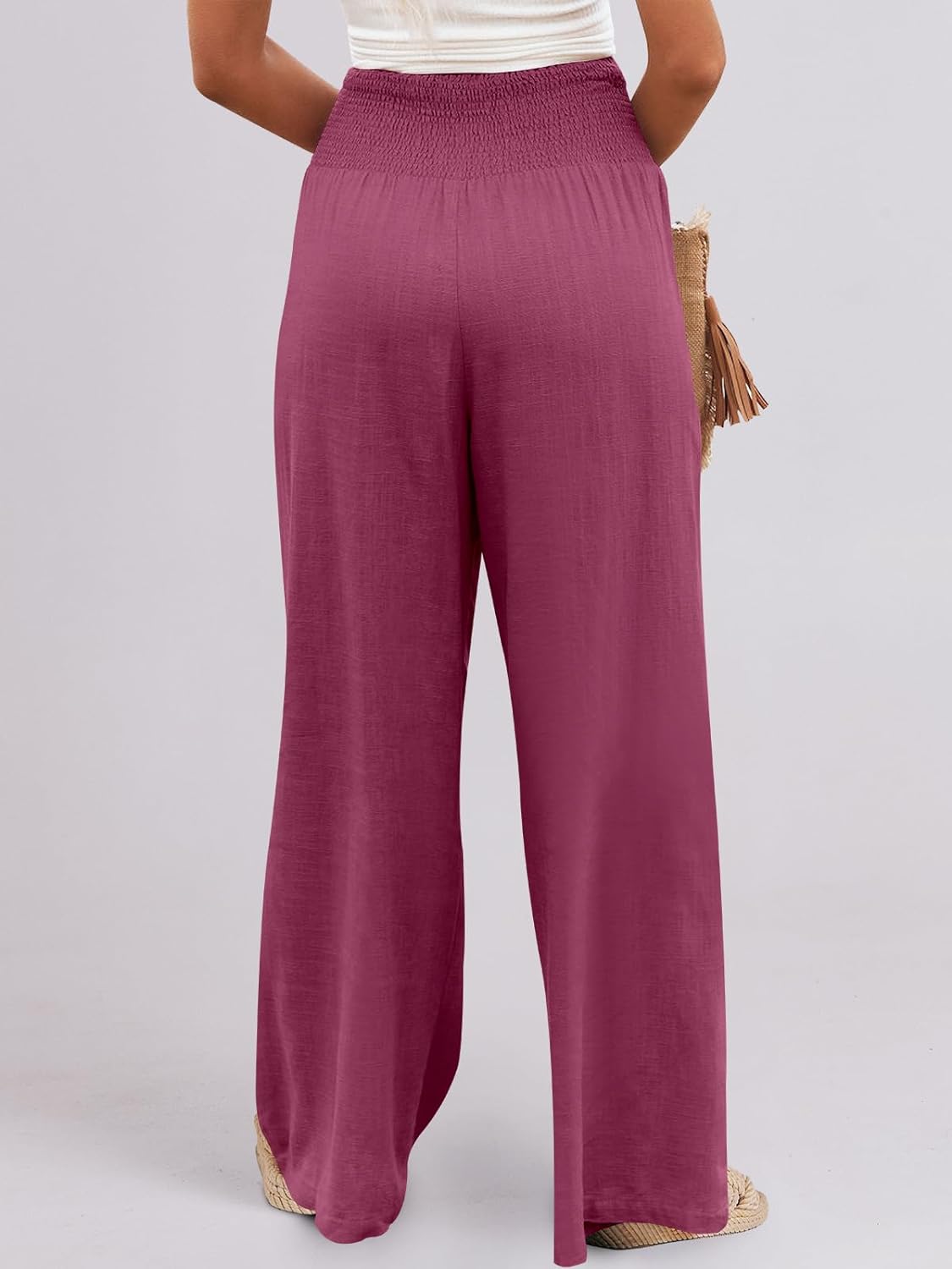 thumbnail image 2 of YOLAI Cotton Linen Palazzo Pants For Women Smocked High Elastic Waist Loose Trousers Comfy Wide Leg Pants With Pockets (Army Green, S) At Women's Clothing Store 2 of 12