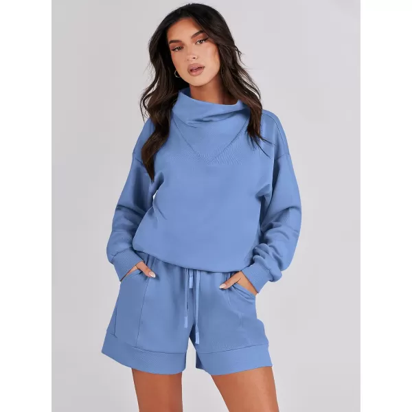 Caracilia Women 2 Piece Outfits Loose Sweatsuits Fashion Cowl Neck Sweatshirts &amp; Shorts Set Lounge Wear Jogger Tracksuit Set