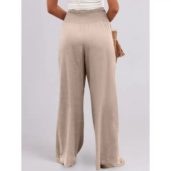 Caracilia Women Linen Palazzo Pants Summer Boho Wide Leg High Waist Smocked Casual Lounge Pant Trousers with Pocket