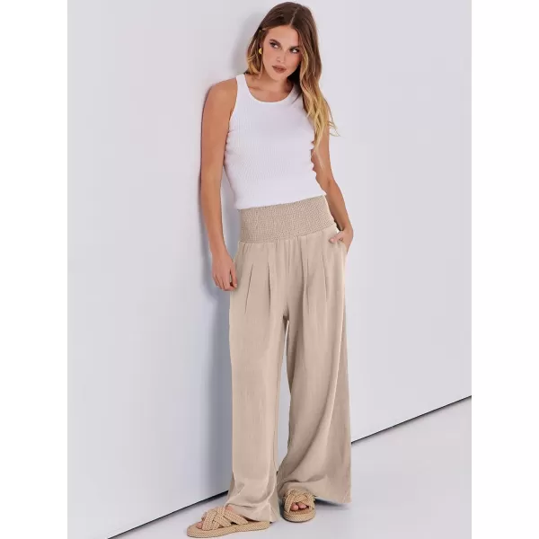 Caracilia Women Linen Palazzo Pants Summer Boho Wide Leg High Waist Smocked Casual Lounge Pant Trousers with Pocket