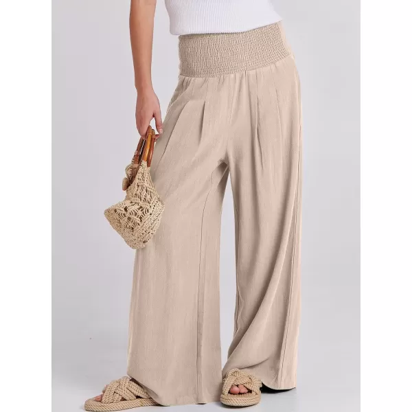 Caracilia Women Linen Palazzo Pants Summer Boho Wide Leg High Waist Smocked Casual Lounge Pant Trousers with Pocket