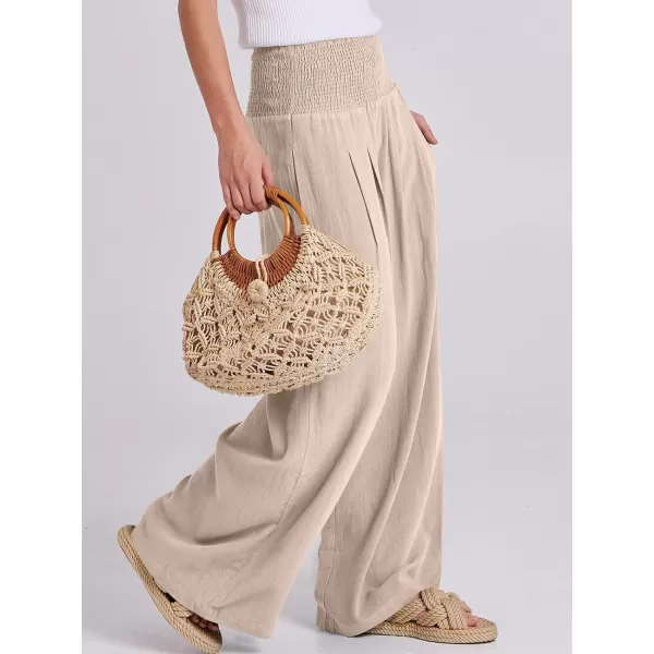 Caracilia Women Linen Palazzo Pants Summer Boho Wide Leg High Waist Smocked Casual Lounge Pant Trousers with Pocket