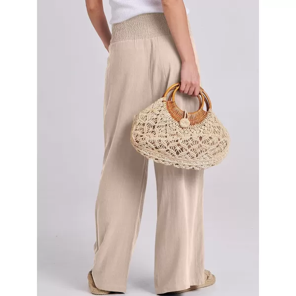 Caracilia Women Linen Palazzo Pants Summer Boho Wide Leg High Waist Smocked Casual Lounge Pant Trousers with Pocket
