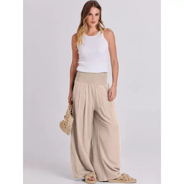 Caracilia Women Linen Palazzo Pants Summer Boho Wide Leg High Waist Smocked Casual Lounge Pant Trousers with Pocket