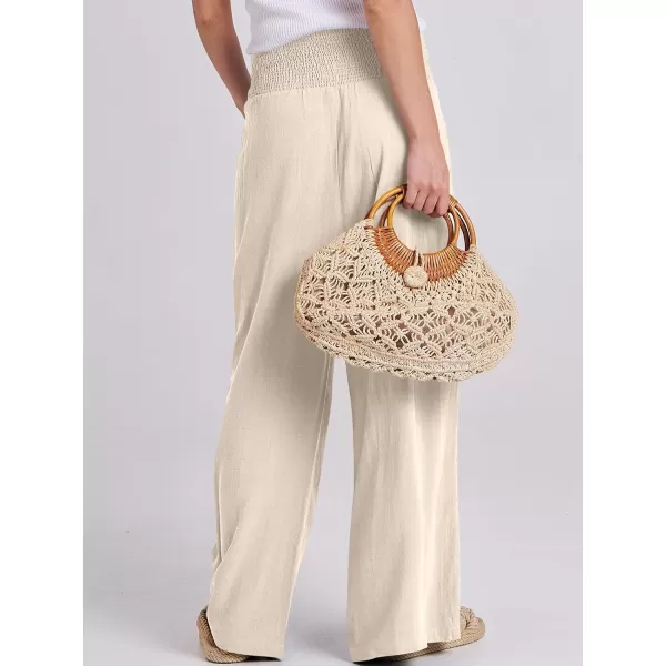 Caracilia Women Linen Palazzo Pants Summer Boho Wide Leg High Waist Smocked Casual Lounge Pant Trousers with Pocket