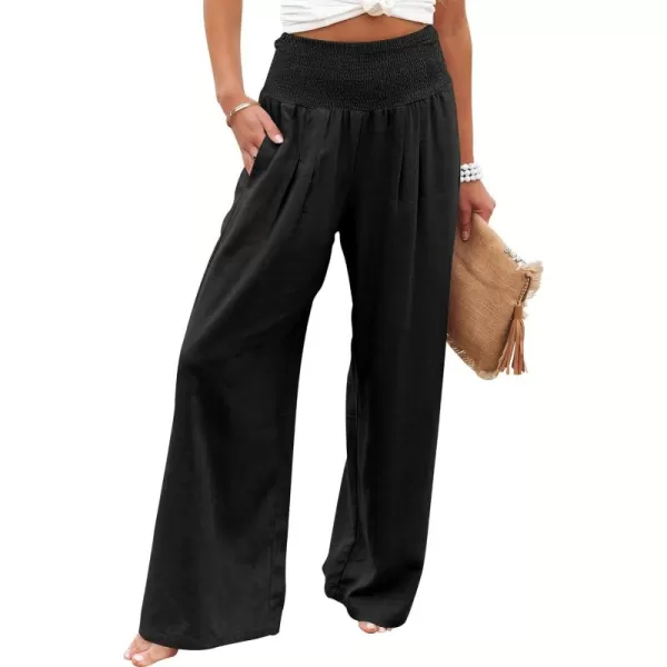 Caracilia Women Linen Palazzo Pants Summer Boho Wide Leg High Waist Smocked Casual Lounge Pant Trousers with Pocket