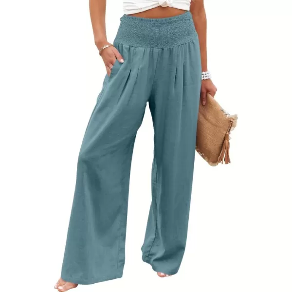 Caracilia Women Linen Palazzo Pants Summer Boho Wide Leg High Waist Smocked Casual Lounge Pant Trousers with Pocket