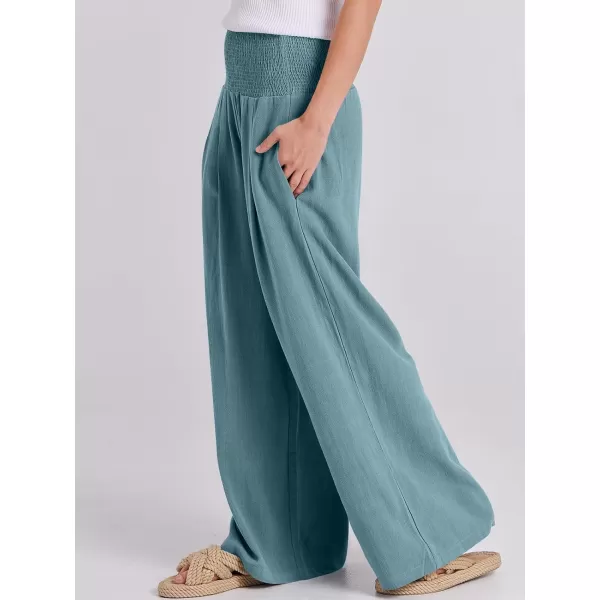 Caracilia Women Linen Palazzo Pants Summer Boho Wide Leg High Waist Smocked Casual Lounge Pant Trousers with Pocket