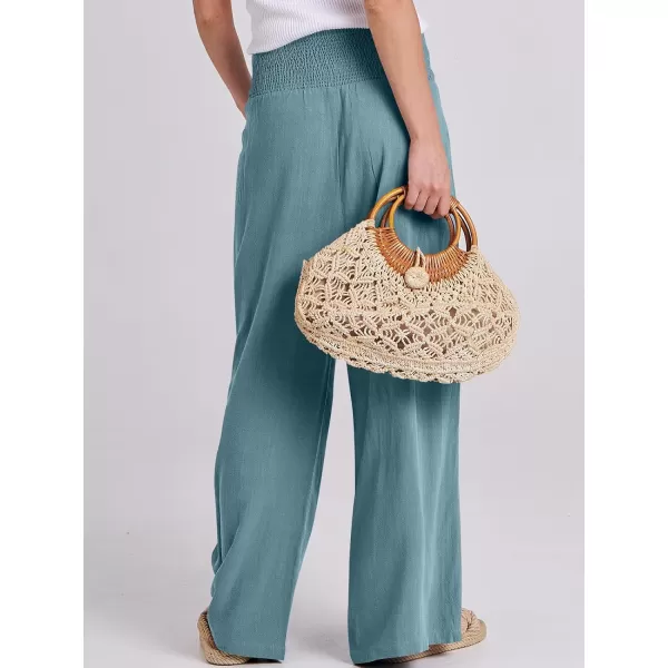 Caracilia Women Linen Palazzo Pants Summer Boho Wide Leg High Waist Smocked Casual Lounge Pant Trousers with Pocket