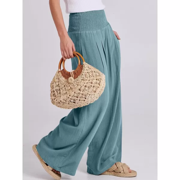 Caracilia Women Linen Palazzo Pants Summer Boho Wide Leg High Waist Smocked Casual Lounge Pant Trousers with Pocket