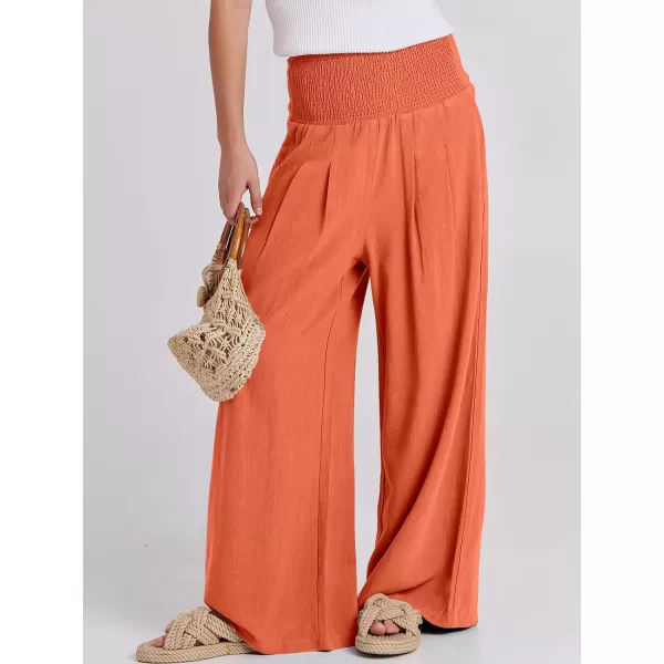Caracilia Women Linen Palazzo Pants Summer Boho Wide Leg High Waist Smocked Casual Lounge Pant Trousers with Pocket