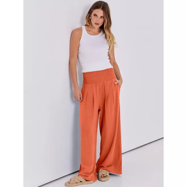 Caracilia Women Linen Palazzo Pants Summer Boho Wide Leg High Waist Smocked Casual Lounge Pant Trousers with Pocket
