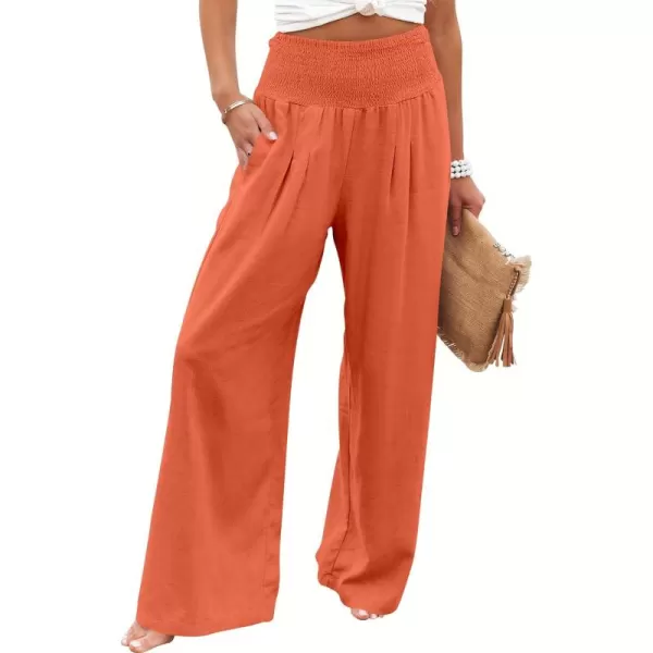 Caracilia Women Linen Palazzo Pants Summer Boho Wide Leg High Waist Smocked Casual Lounge Pant Trousers with Pocket