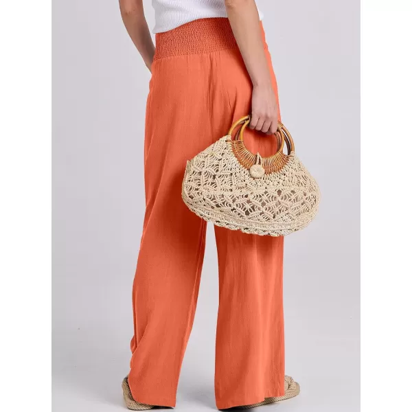 Caracilia Women Linen Palazzo Pants Summer Boho Wide Leg High Waist Smocked Casual Lounge Pant Trousers with Pocket