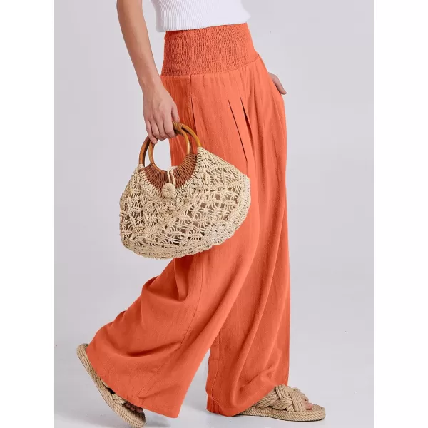 Caracilia Women Linen Palazzo Pants Summer Boho Wide Leg High Waist Smocked Casual Lounge Pant Trousers with Pocket