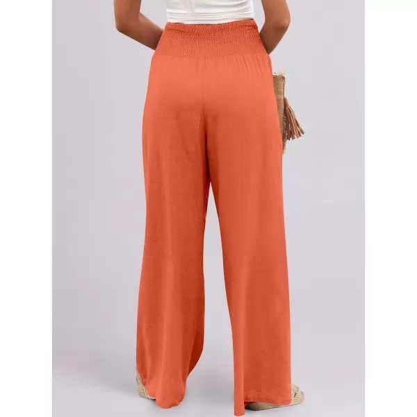 Caracilia Women Linen Palazzo Pants Summer Boho Wide Leg High Waist Smocked Casual Lounge Pant Trousers with Pocket