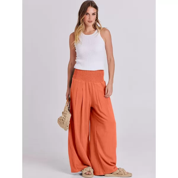 Caracilia Women Linen Palazzo Pants Summer Boho Wide Leg High Waist Smocked Casual Lounge Pant Trousers with Pocket