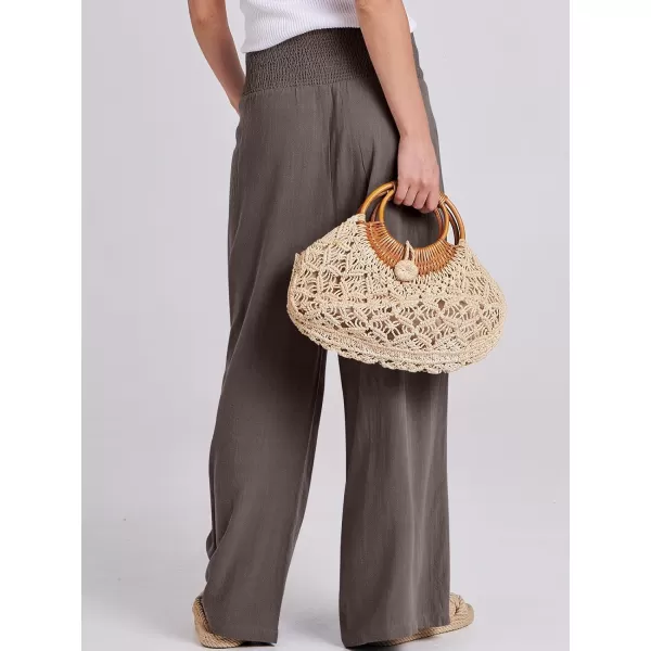 Caracilia Women Linen Palazzo Pants Summer Boho Wide Leg High Waist Smocked Casual Lounge Pant Trousers with Pocket