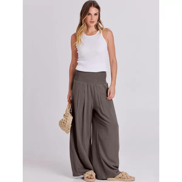 Caracilia Women Linen Palazzo Pants Summer Boho Wide Leg High Waist Smocked Casual Lounge Pant Trousers with Pocket
