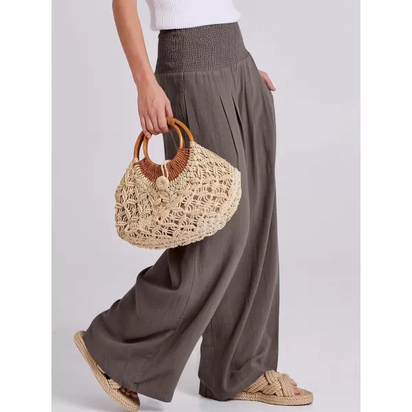Caracilia Women Linen Palazzo Pants Summer Boho Wide Leg High Waist Smocked Casual Lounge Pant Trousers with Pocket