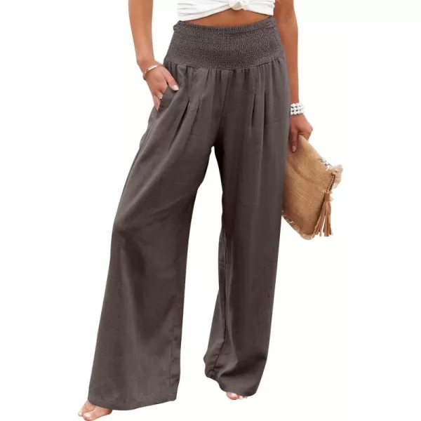 Caracilia Women Linen Palazzo Pants Summer Boho Wide Leg High Waist Smocked Casual Lounge Pant Trousers with Pocket