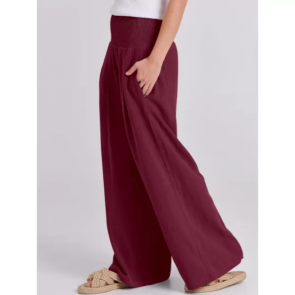 Caracilia Women Linen Palazzo Pants Summer Boho Wide Leg High Waist Smocked Casual Lounge Pant Trousers with Pocket