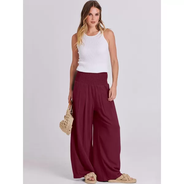 Caracilia Women Linen Palazzo Pants Summer Boho Wide Leg High Waist Smocked Casual Lounge Pant Trousers with Pocket