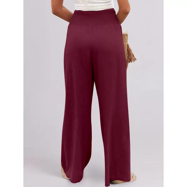 Caracilia Women Linen Palazzo Pants Summer Boho Wide Leg High Waist Smocked Casual Lounge Pant Trousers with Pocket